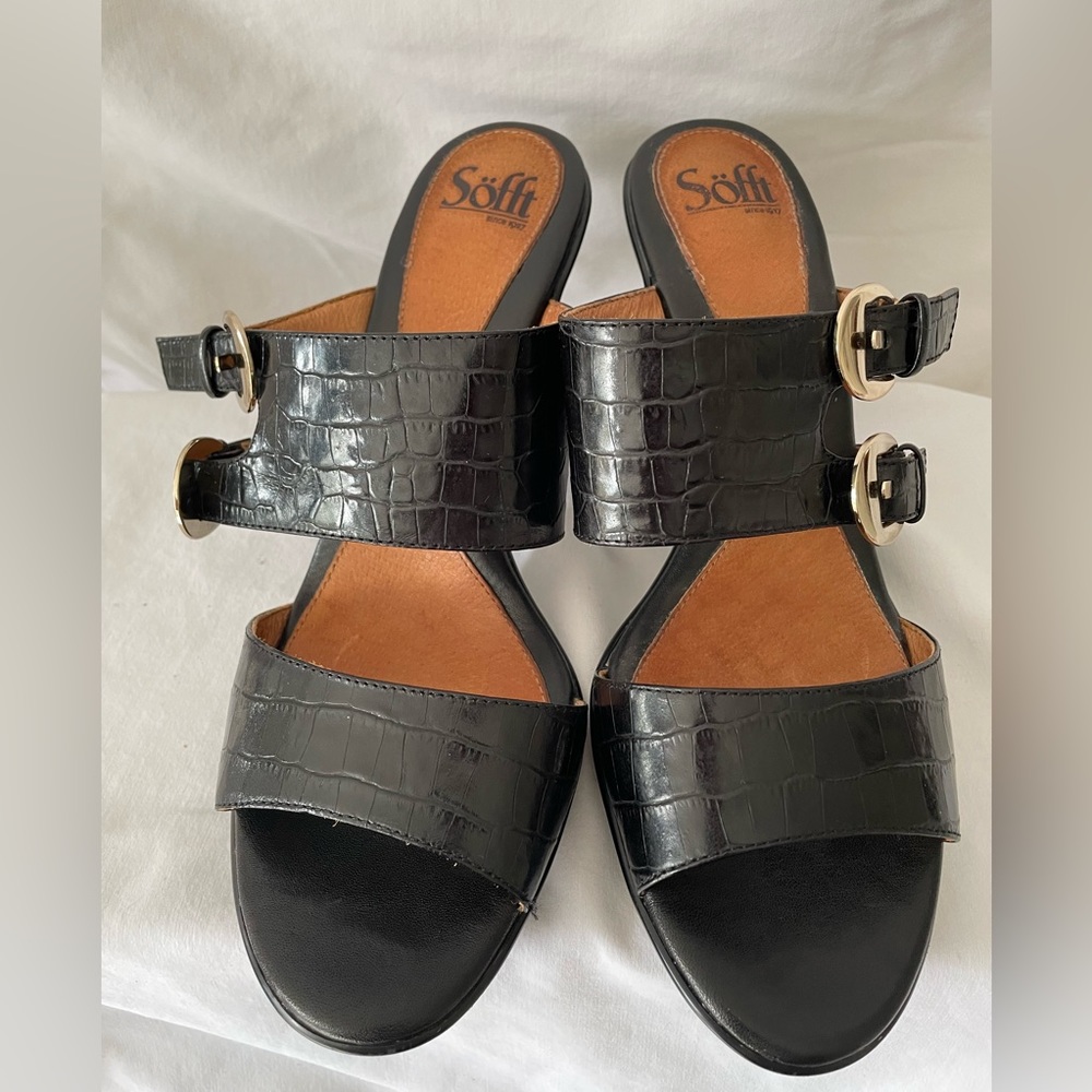 Sofft Black Croc-Embossed Double Strap Heeled Sandals